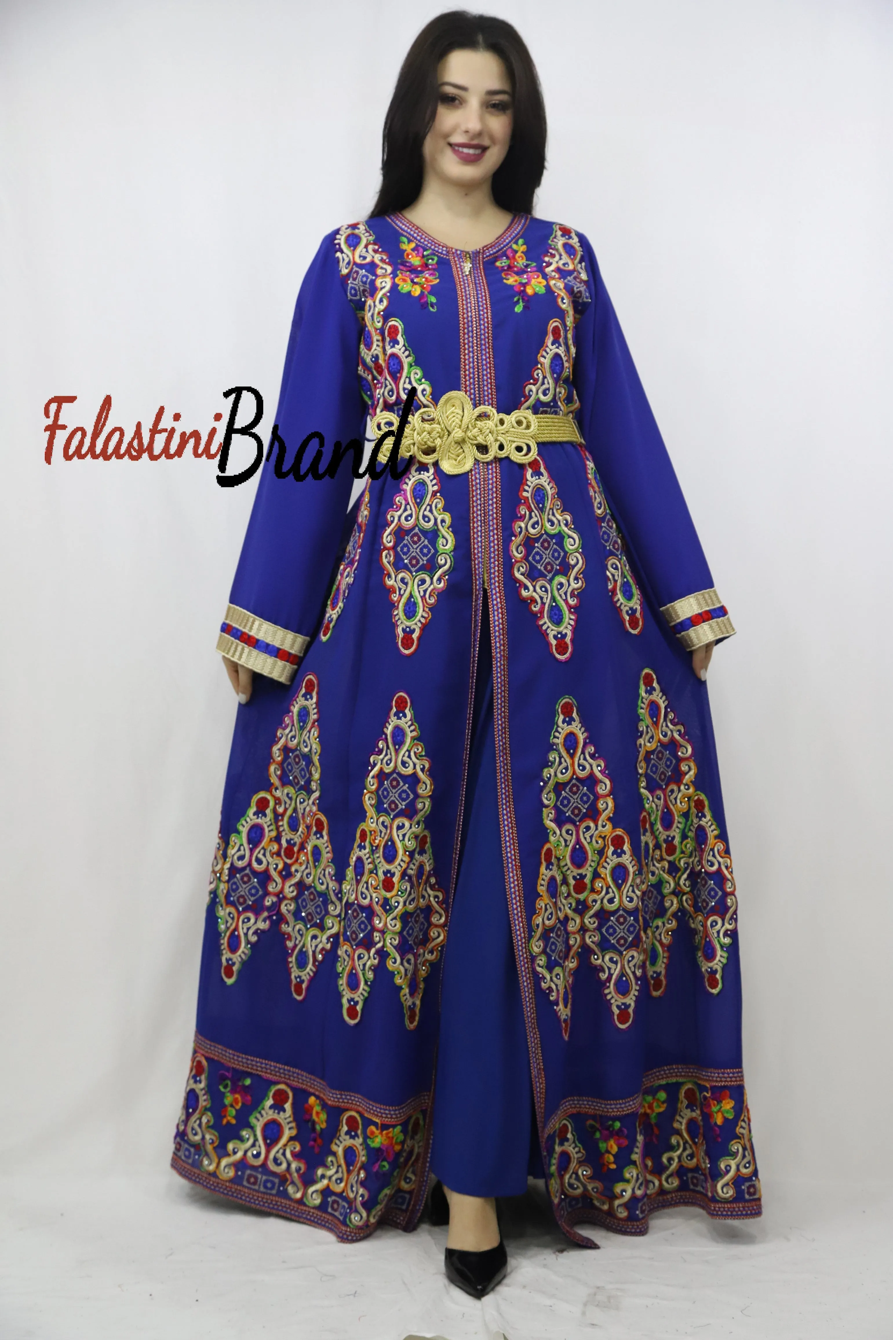 2 Pieces Blue Kaftan Dress with Multicolored Embroidery