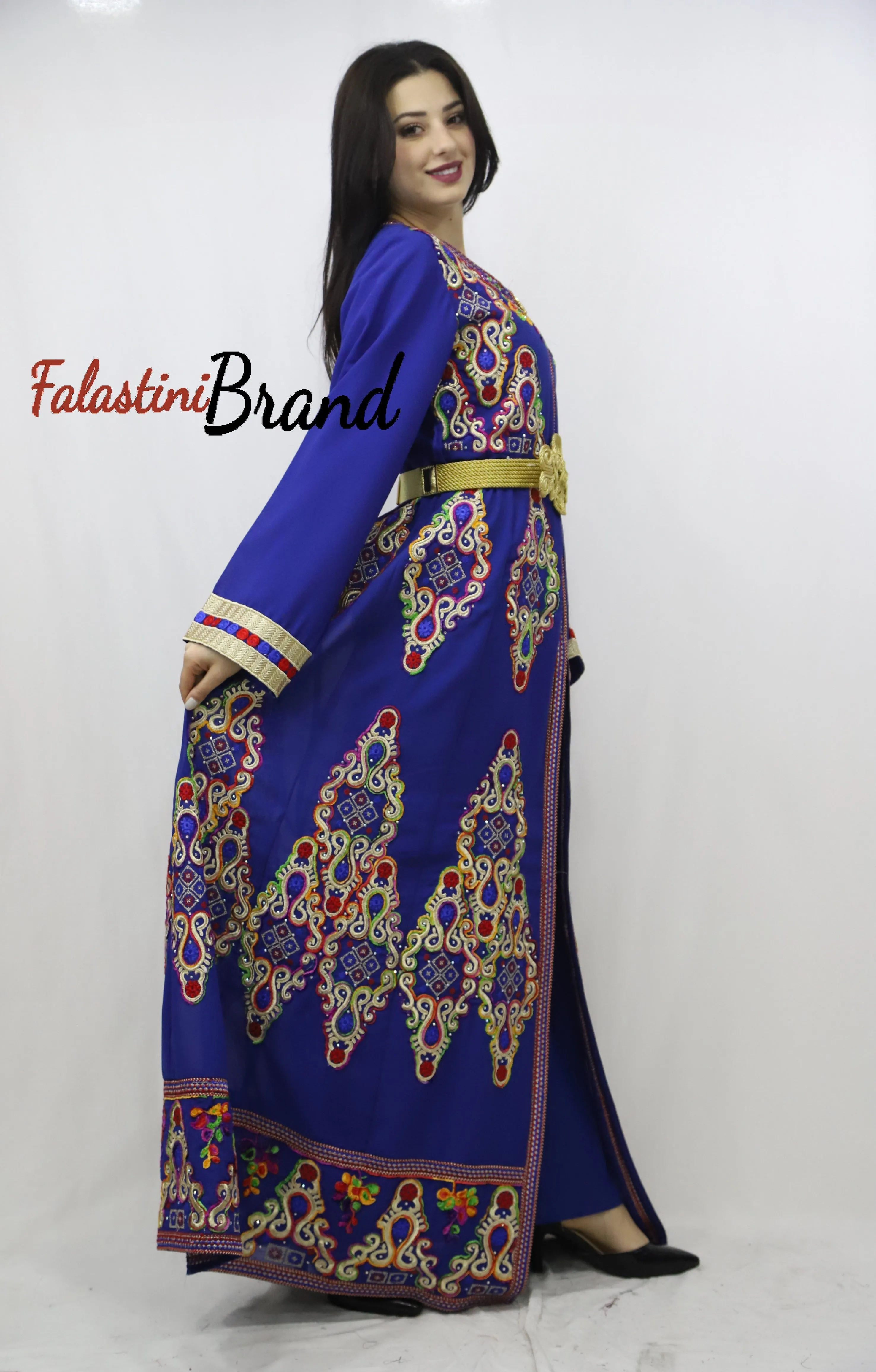 2 Pieces Blue Kaftan Dress with Multicolored Embroidery