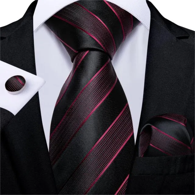 3 Piece Designer Mens Wedding Tie Gold Black Striped Silk Neck Ties Hanky Cufflinks Set