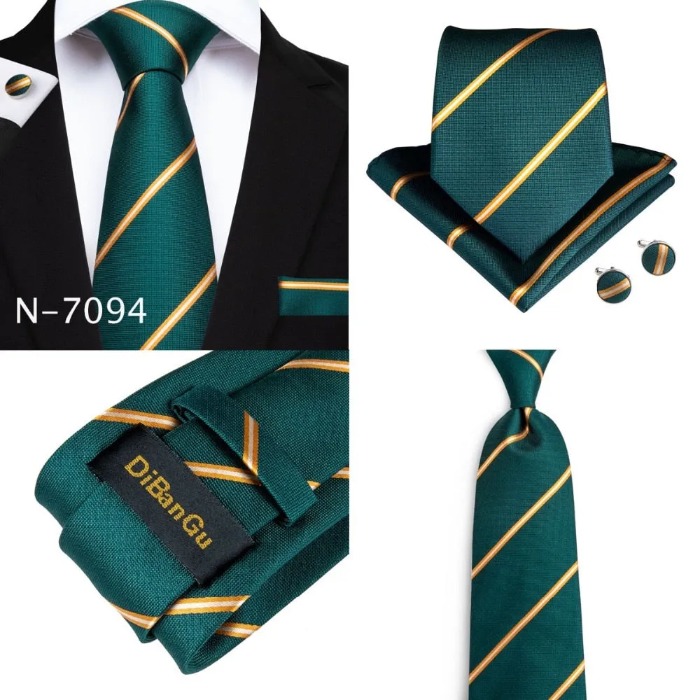 3 Piece Designer Mens Wedding Tie Gold Black Striped Silk Neck Ties Hanky Cufflinks Set