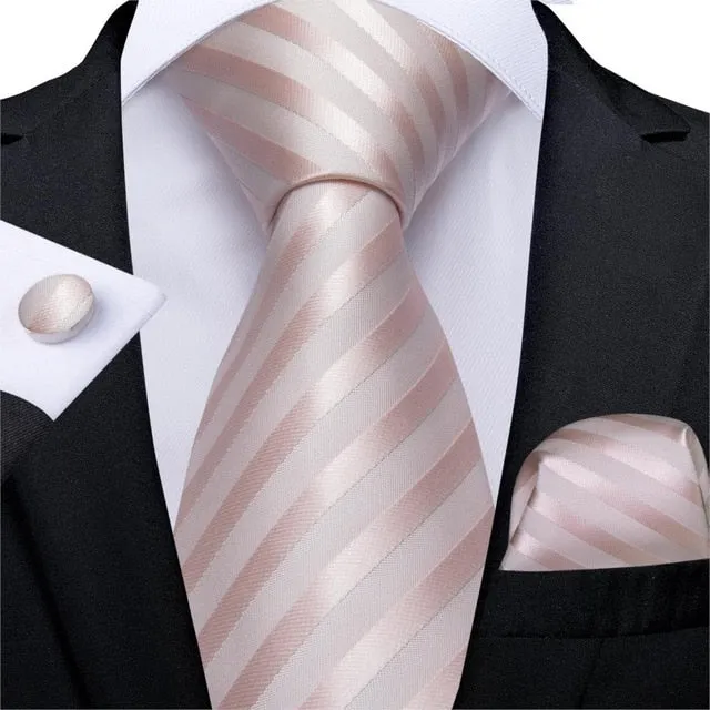 3 Piece Designer Mens Wedding Tie Gold Black Striped Silk Neck Ties Hanky Cufflinks Set