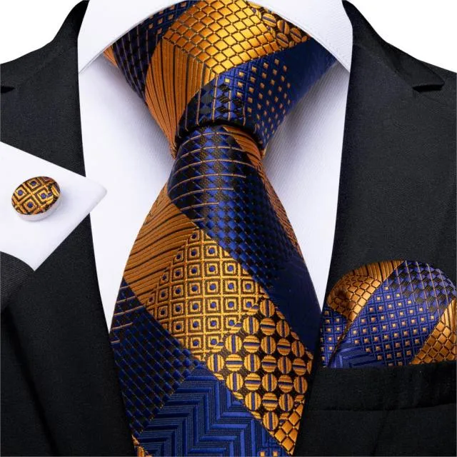 3 Piece Designer Mens Wedding Tie Gold Black Striped Silk Neck Ties Hanky Cufflinks Set