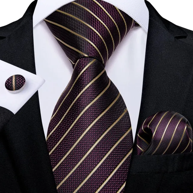 3 Piece Designer Mens Wedding Tie Gold Black Striped Silk Neck Ties Hanky Cufflinks Set