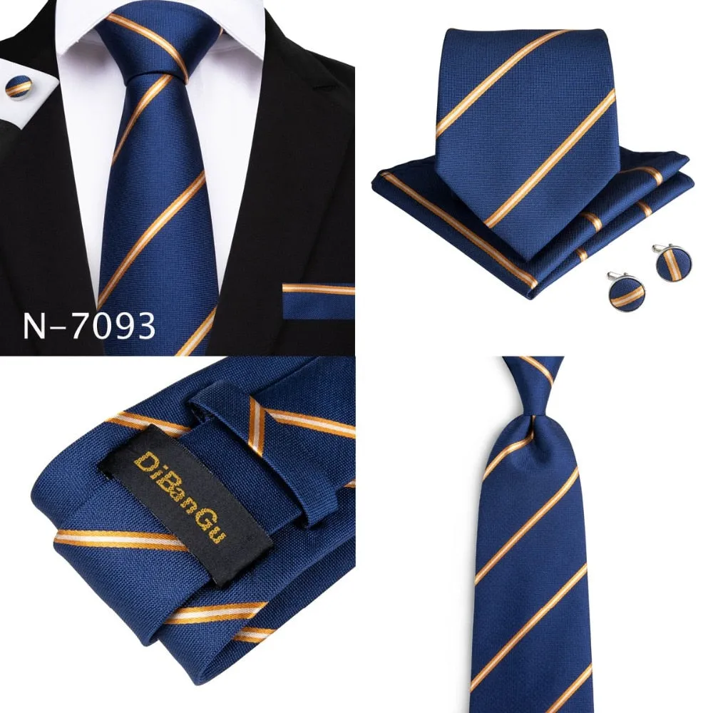 3 Piece Designer Mens Wedding Tie Gold Black Striped Silk Neck Ties Hanky Cufflinks Set