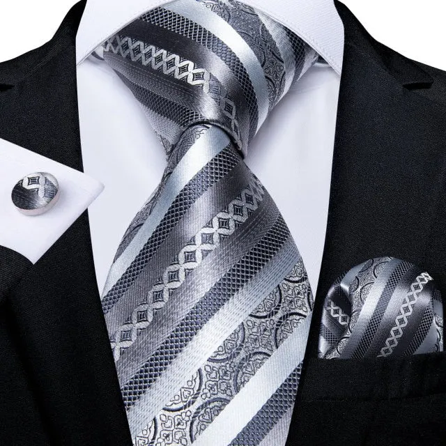 3 Piece Designer Mens Wedding Tie Gold Black Striped Silk Neck Ties Hanky Cufflinks Set