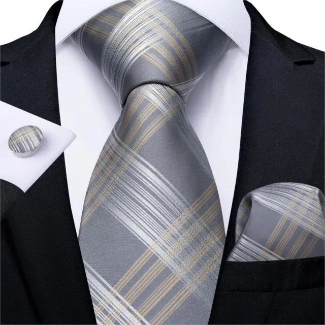 3 Piece Designer Mens Wedding Tie Gold Black Striped Silk Neck Ties Hanky Cufflinks Set