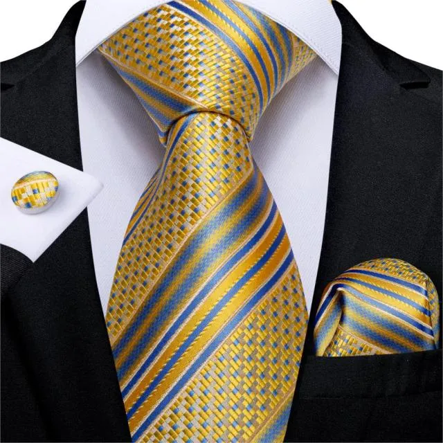 3 Piece Designer Mens Wedding Tie Gold Black Striped Silk Neck Ties Hanky Cufflinks Set