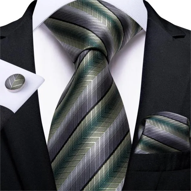 3 Piece Designer Mens Wedding Tie Gold Black Striped Silk Neck Ties Hanky Cufflinks Set