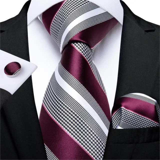 3 Piece Designer Mens Wedding Tie Gold Black Striped Silk Neck Ties Hanky Cufflinks Set