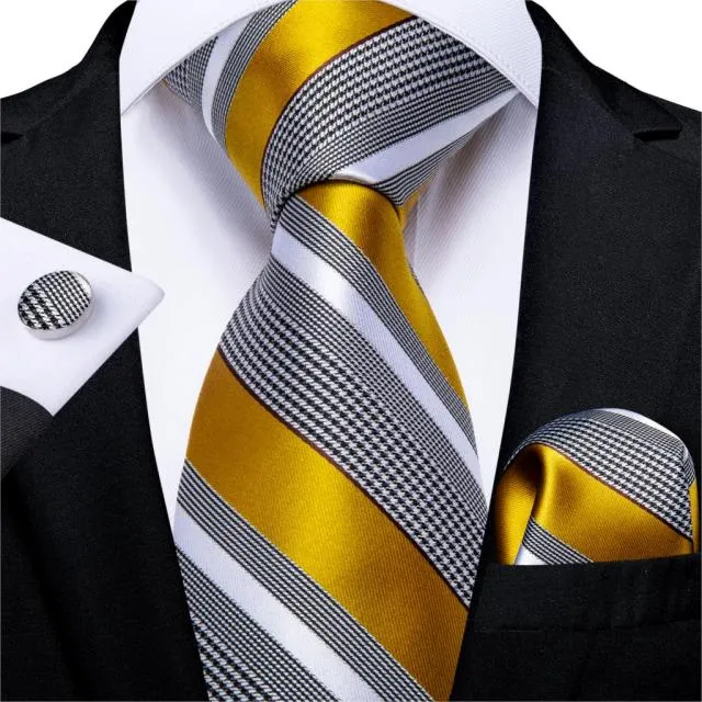 3 Piece Designer Mens Wedding Tie Gold Black Striped Silk Neck Ties Hanky Cufflinks Set