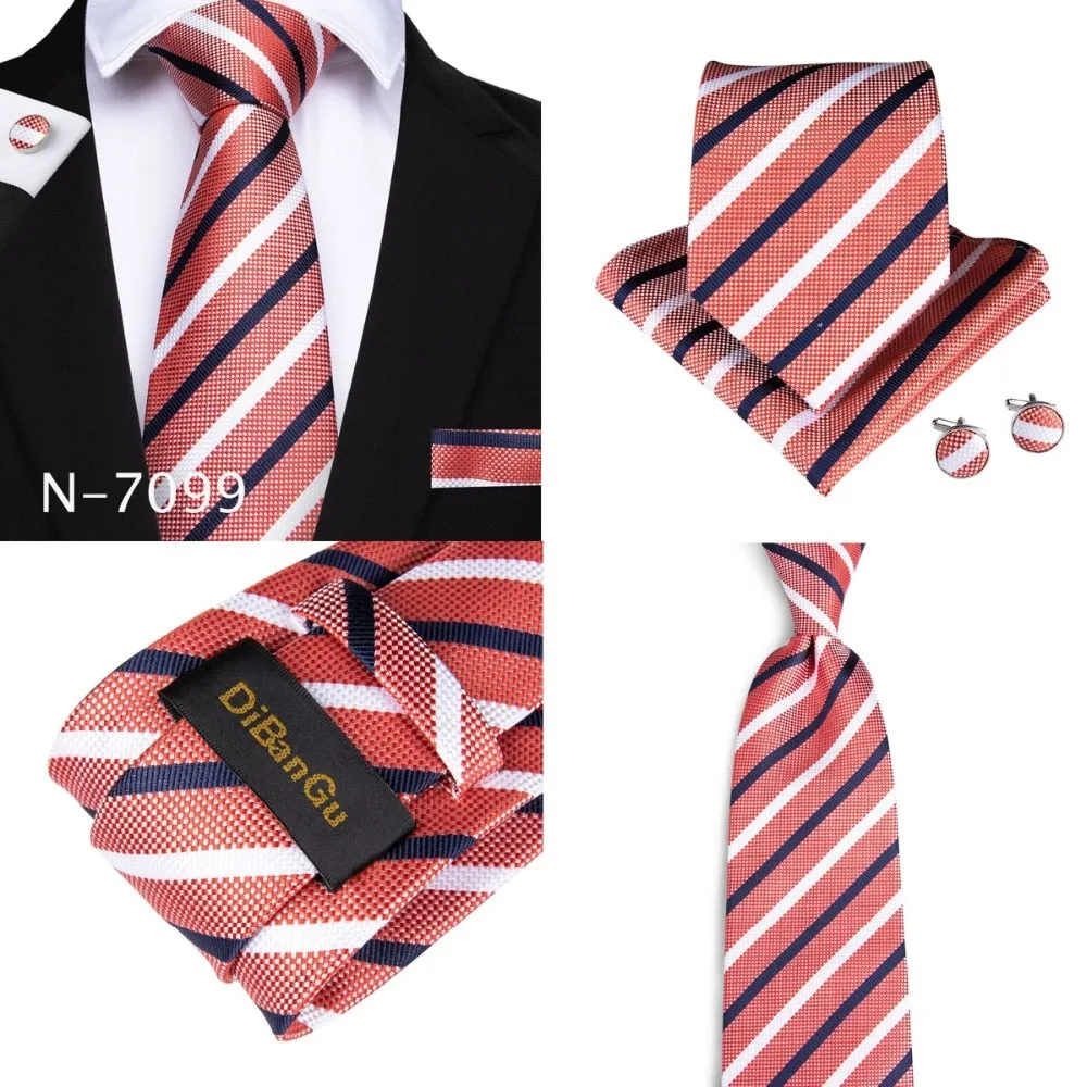 3 Piece Designer Mens Wedding Tie Gold Black Striped Silk Neck Ties Hanky Cufflinks Set