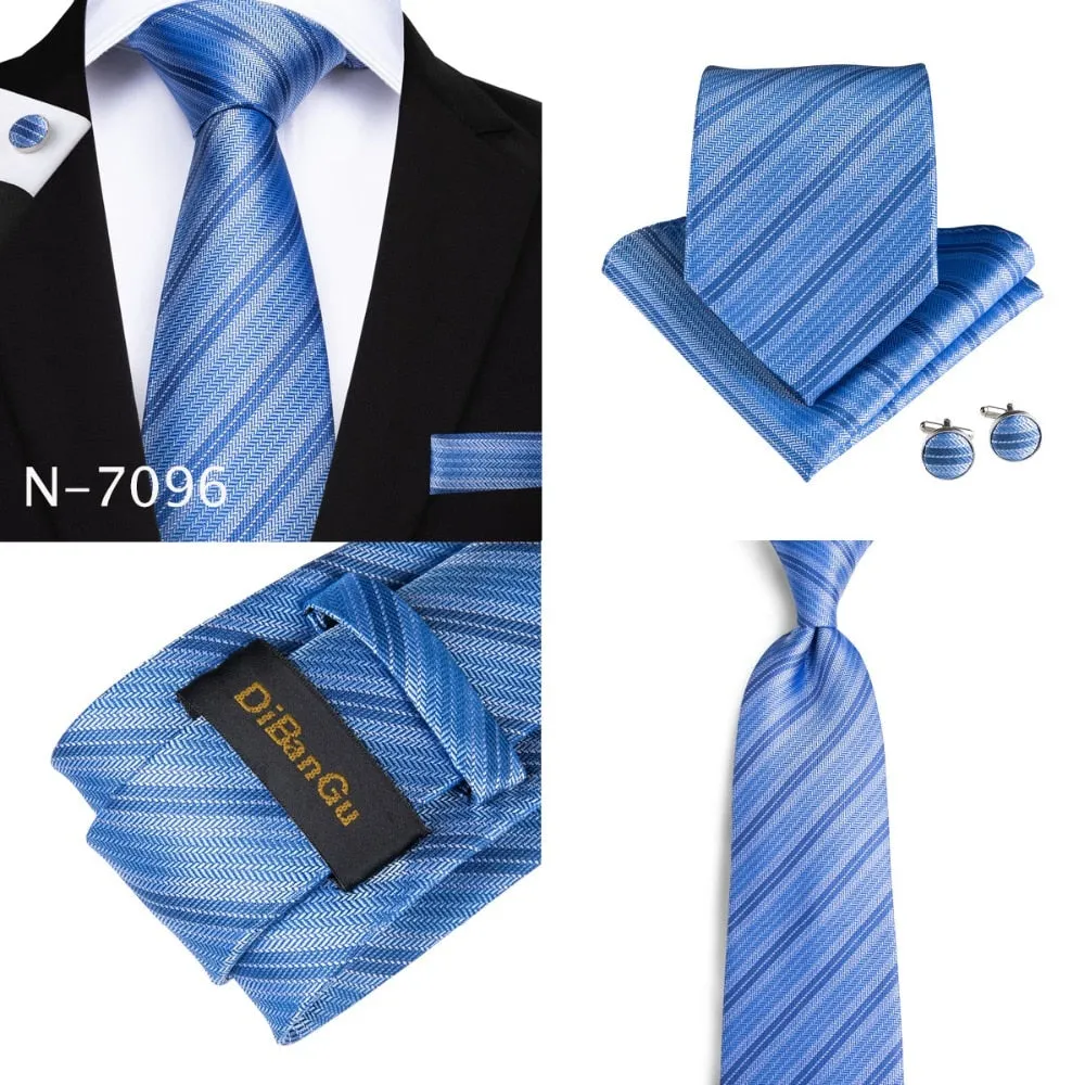 3 Piece Designer Mens Wedding Tie Gold Black Striped Silk Neck Ties Hanky Cufflinks Set