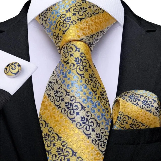 3 Piece Designer Mens Wedding Tie Gold Black Striped Silk Neck Ties Hanky Cufflinks Set