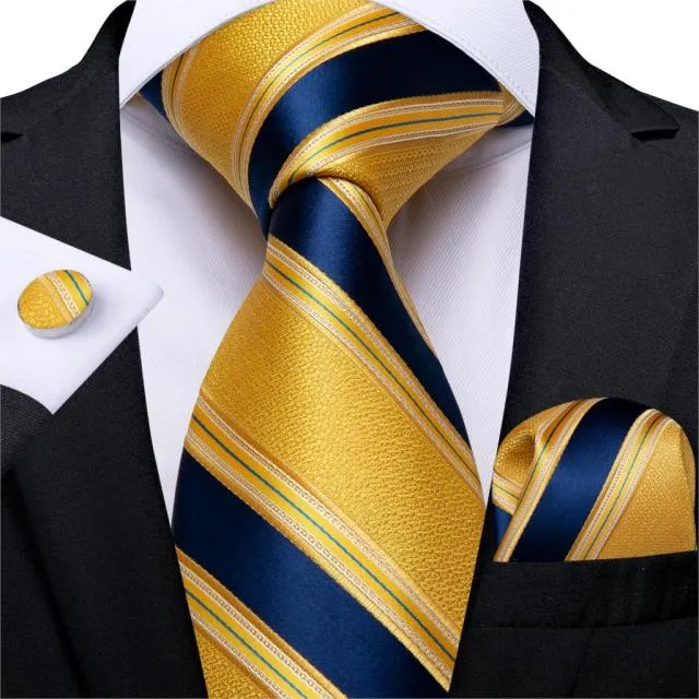 3 Piece Designer Mens Wedding Tie Gold Black Striped Silk Neck Ties Hanky Cufflinks Set