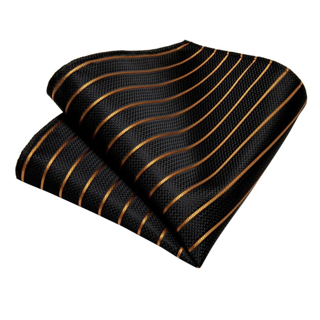 3 Piece Designer Mens Wedding Tie Gold Black Striped Silk Neck Ties Hanky Cufflinks Set