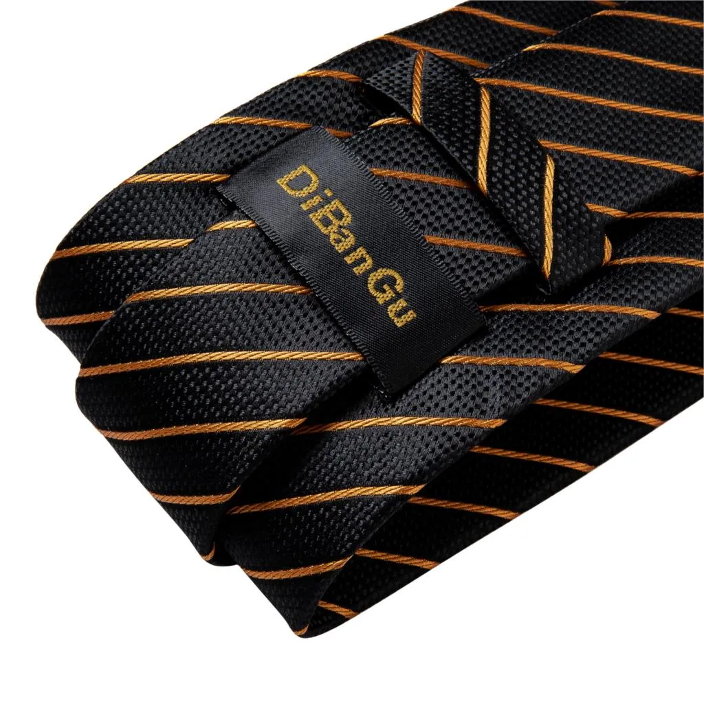 3 Piece Designer Mens Wedding Tie Gold Black Striped Silk Neck Ties Hanky Cufflinks Set