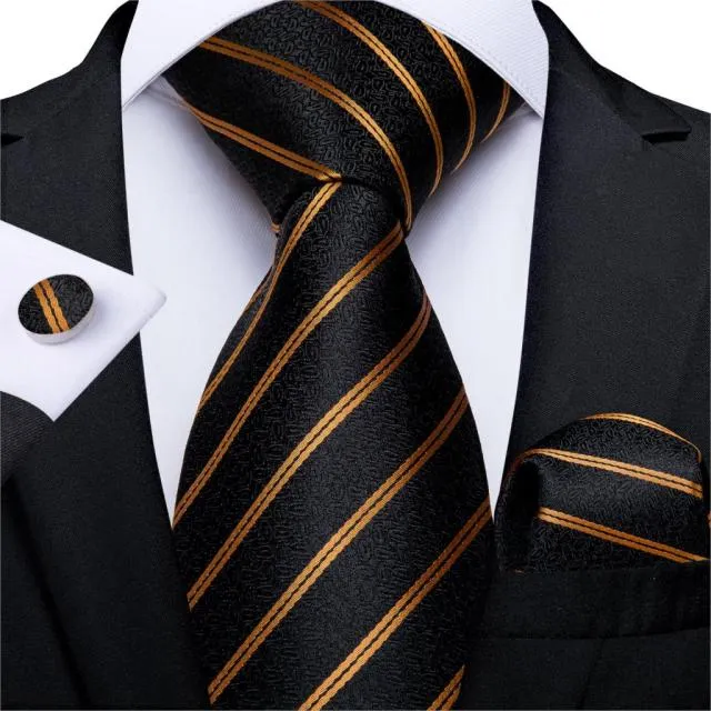 3 Piece Designer Mens Wedding Tie Gold Black Striped Silk Neck Ties Hanky Cufflinks Set