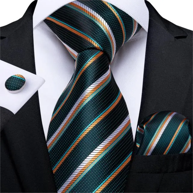 3 Piece Designer Mens Wedding Tie Gold Black Striped Silk Neck Ties Hanky Cufflinks Set