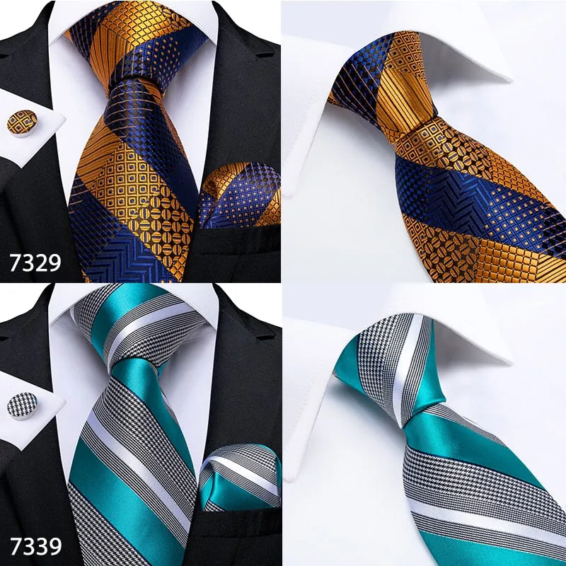 3 Piece Designer Mens Wedding Tie Gold Black Striped Silk Neck Ties Hanky Cufflinks Set