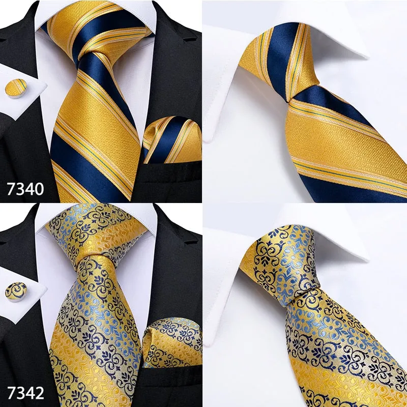 3 Piece Designer Mens Wedding Tie Gold Black Striped Silk Neck Ties Hanky Cufflinks Set