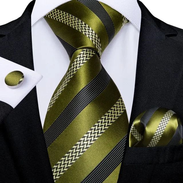 3 Piece Designer Mens Wedding Tie Gold Black Striped Silk Neck Ties Hanky Cufflinks Set