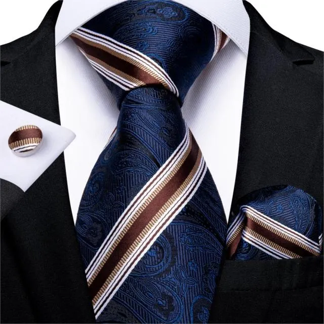 3 Piece Designer Mens Wedding Tie Gold Black Striped Silk Neck Ties Hanky Cufflinks Set