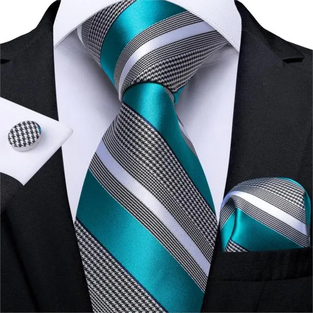 3 Piece Designer Mens Wedding Tie Gold Black Striped Silk Neck Ties Hanky Cufflinks Set