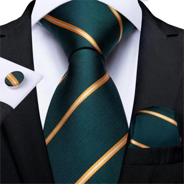 3 Piece Designer Mens Wedding Tie Gold Black Striped Silk Neck Ties Hanky Cufflinks Set