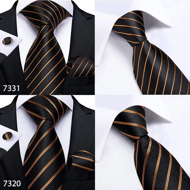 3 Piece Designer Mens Wedding Tie Gold Black Striped Silk Neck Ties Hanky Cufflinks Set