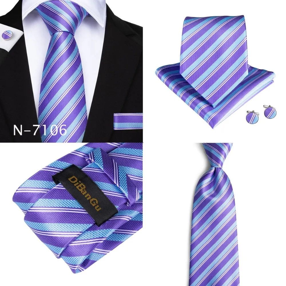 3 Piece Designer Mens Wedding Tie Gold Black Striped Silk Neck Ties Hanky Cufflinks Set