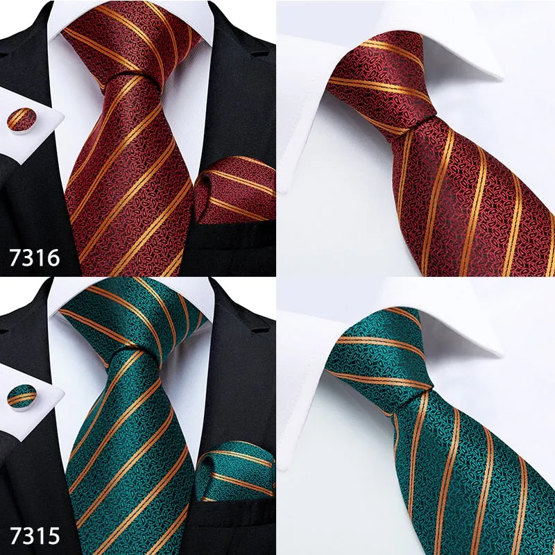 3 Piece Designer Mens Wedding Tie Gold Black Striped Silk Neck Ties Hanky Cufflinks Set