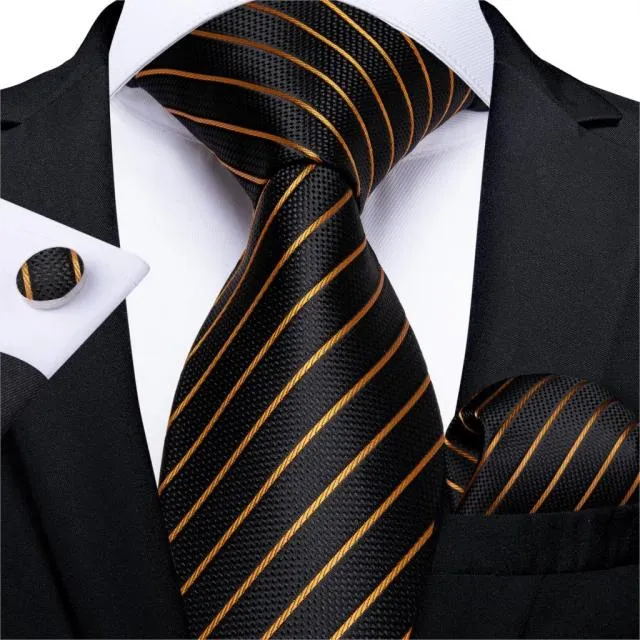 3 Piece Designer Mens Wedding Tie Gold Black Striped Silk Neck Ties Hanky Cufflinks Set