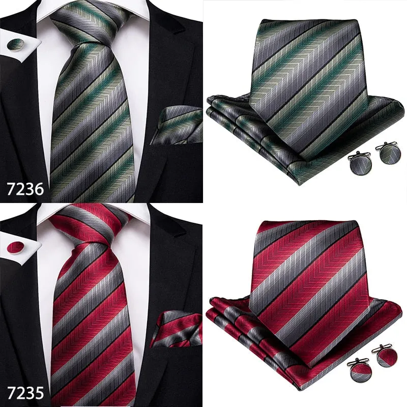 3 Piece Designer Mens Wedding Tie Gold Black Striped Silk Neck Ties Hanky Cufflinks Set