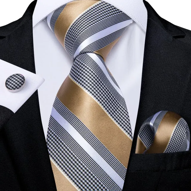 3 Piece Designer Mens Wedding Tie Gold Black Striped Silk Neck Ties Hanky Cufflinks Set