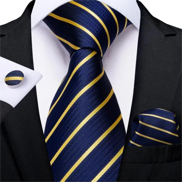 3 Piece Designer Mens Wedding Tie Gold Black Striped Silk Neck Ties Hanky Cufflinks Set