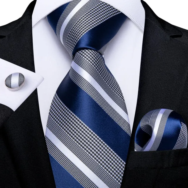 3 Piece Designer Mens Wedding Tie Gold Black Striped Silk Neck Ties Hanky Cufflinks Set