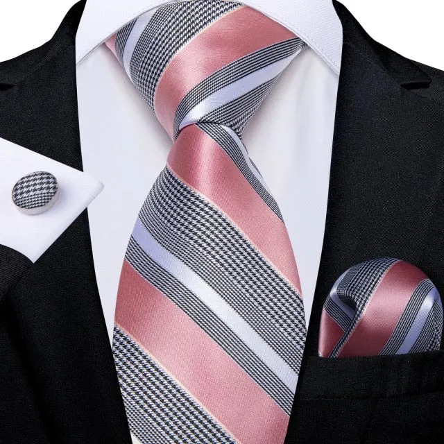 3 Piece Designer Mens Wedding Tie Gold Black Striped Silk Neck Ties Hanky Cufflinks Set