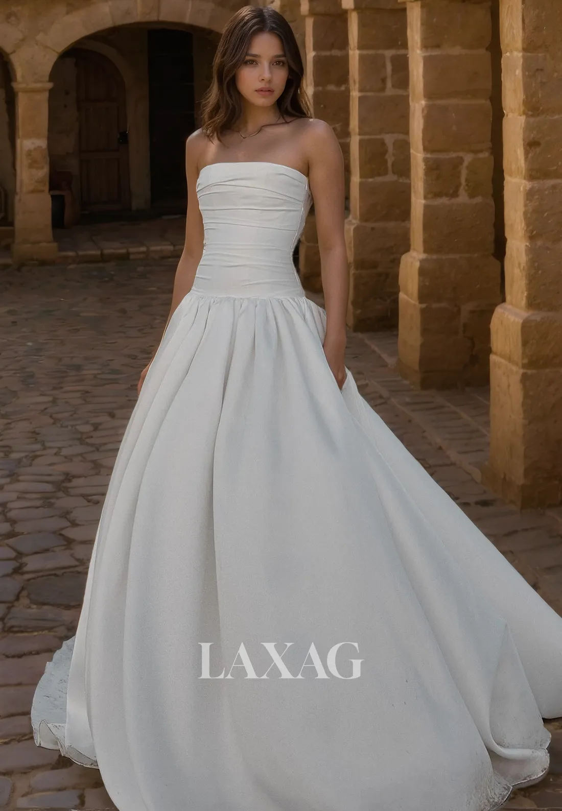 A-Line Strapless Pleated Sleek Satin Elegant Wedding Dress with Train