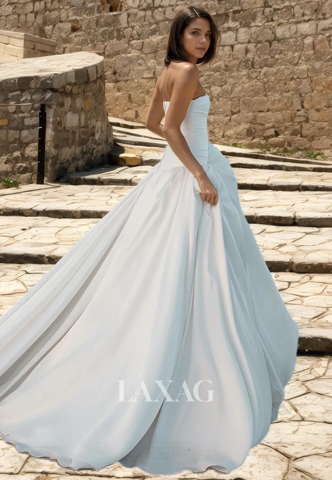 A-Line Strapless Pleated Sleek Satin Elegant Wedding Dress with Train