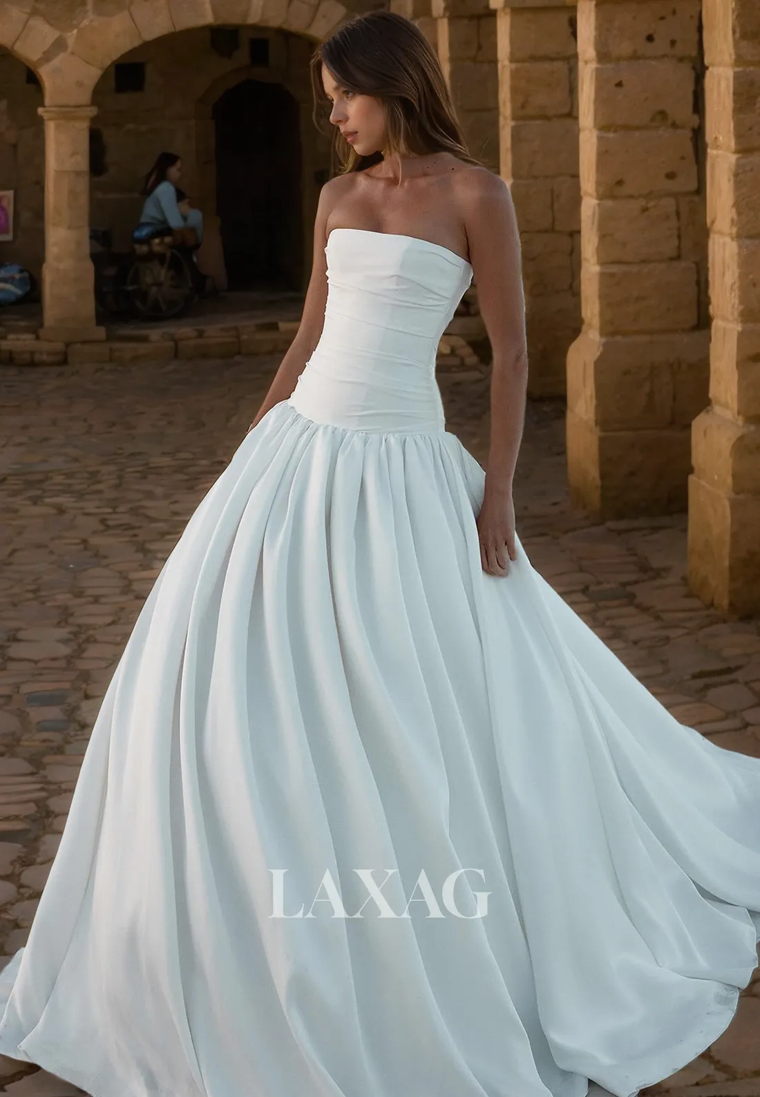 A-Line Strapless Pleated Sleek Satin Elegant Wedding Dress with Train