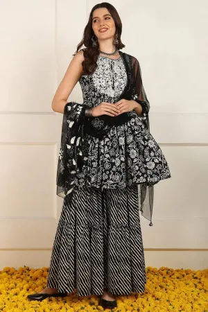 Ahika Black Cotton Floral Printed Embroidered Anarkali Suit Set