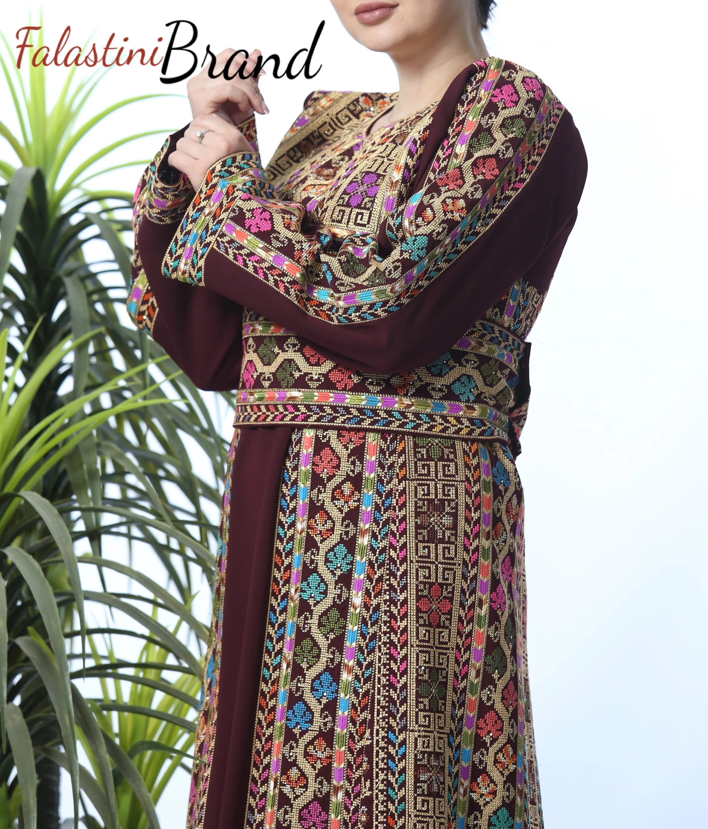 Amazing Burgundy Manajil Palestinian Embroidered Thobe Dress With Astonishing Embroidery