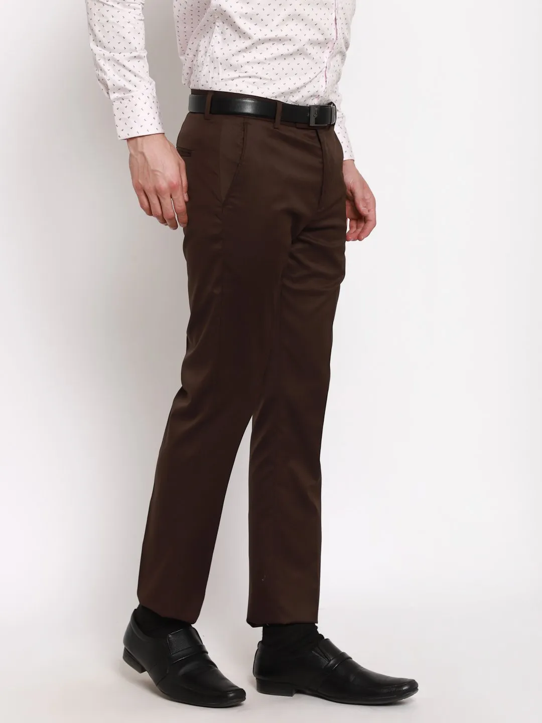 AmericanElm Men's Brown Solid Slim Fit stretchable Formal Trouser