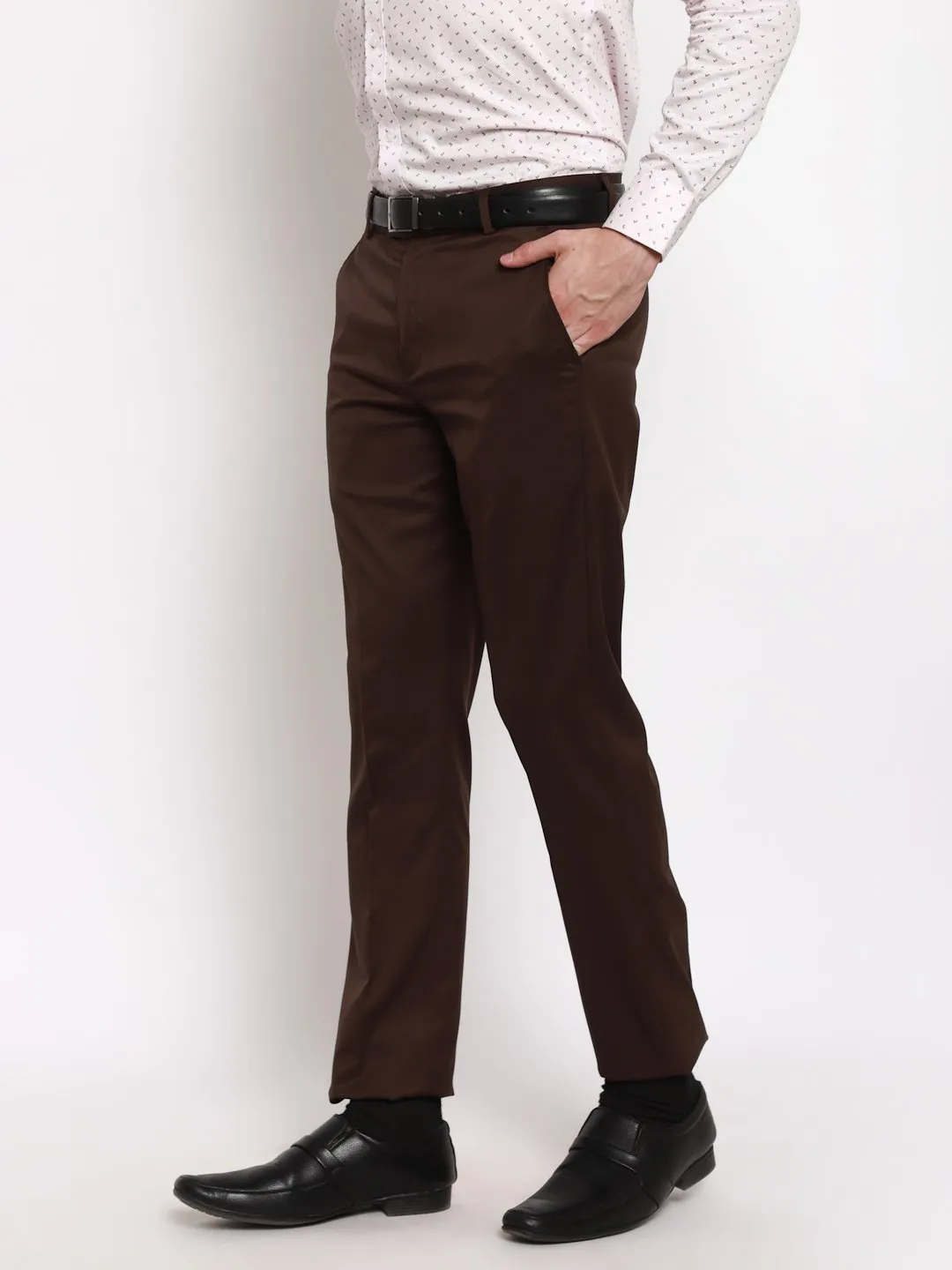 AmericanElm Men's Brown Solid Slim Fit stretchable Formal Trouser