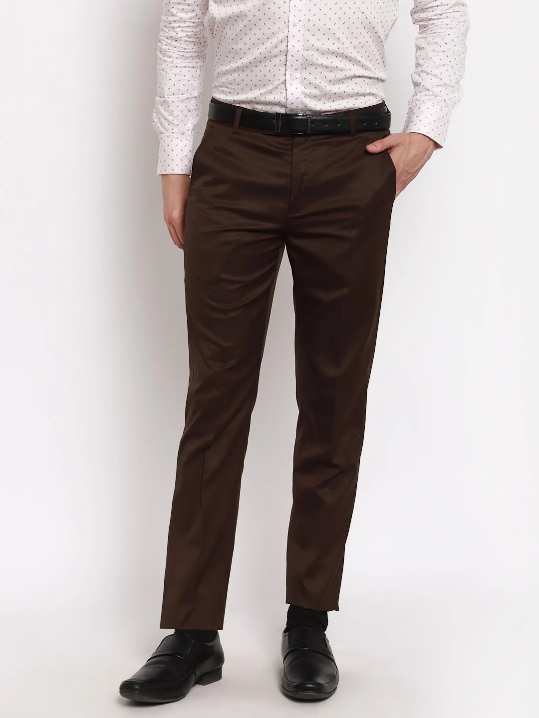 AmericanElm Men's Brown Solid Slim Fit stretchable Formal Trouser