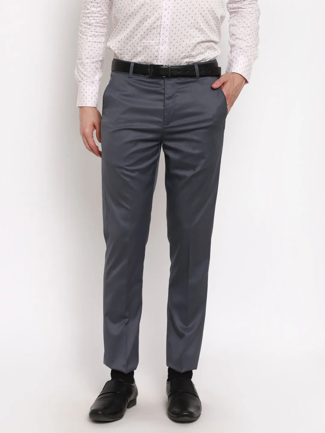 AmericanElm Men's Dark Grey Solid Slim Fit stretchable Formal Trouser