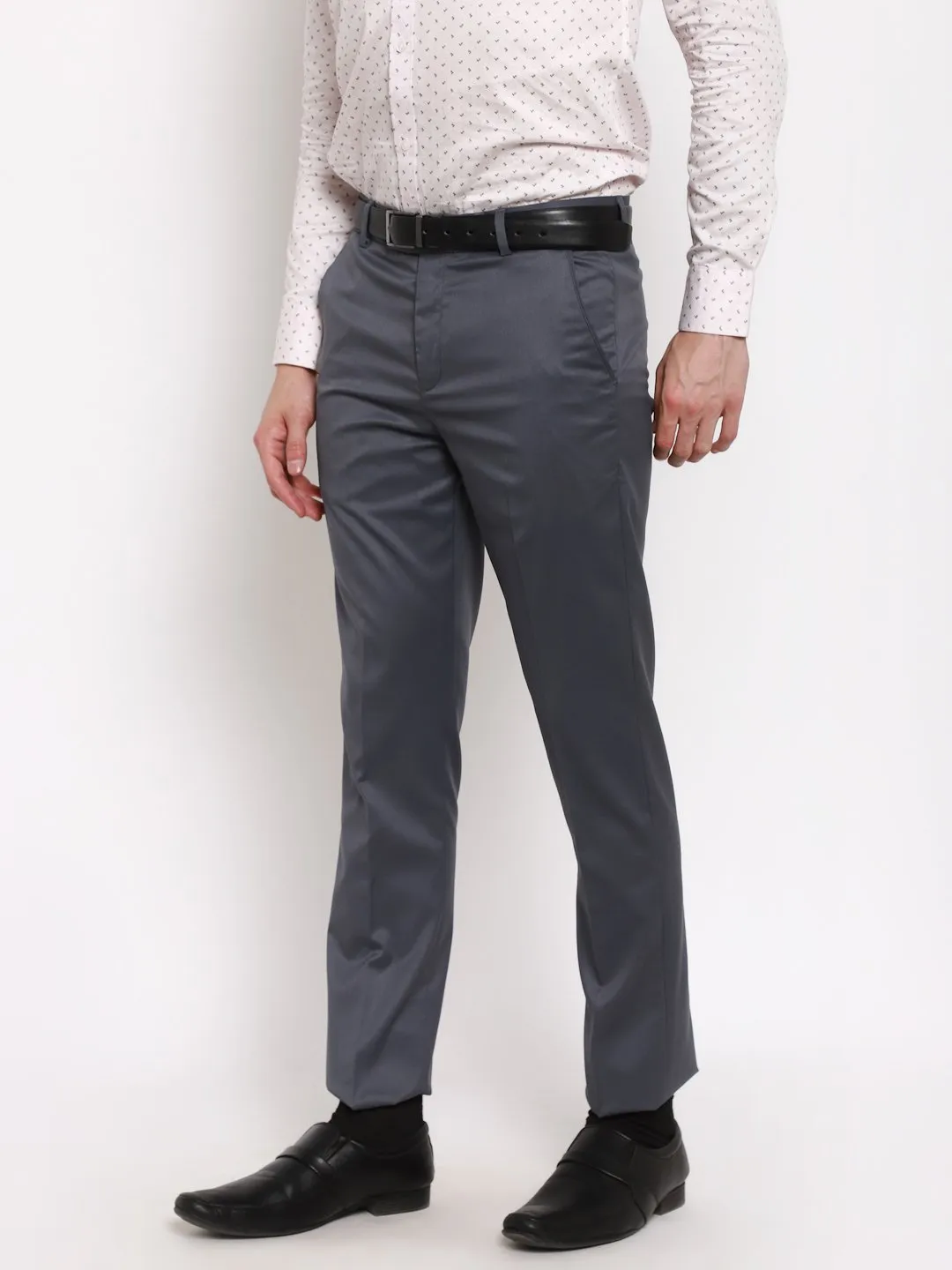 AmericanElm Men's Dark Grey Solid Slim Fit stretchable Formal Trouser