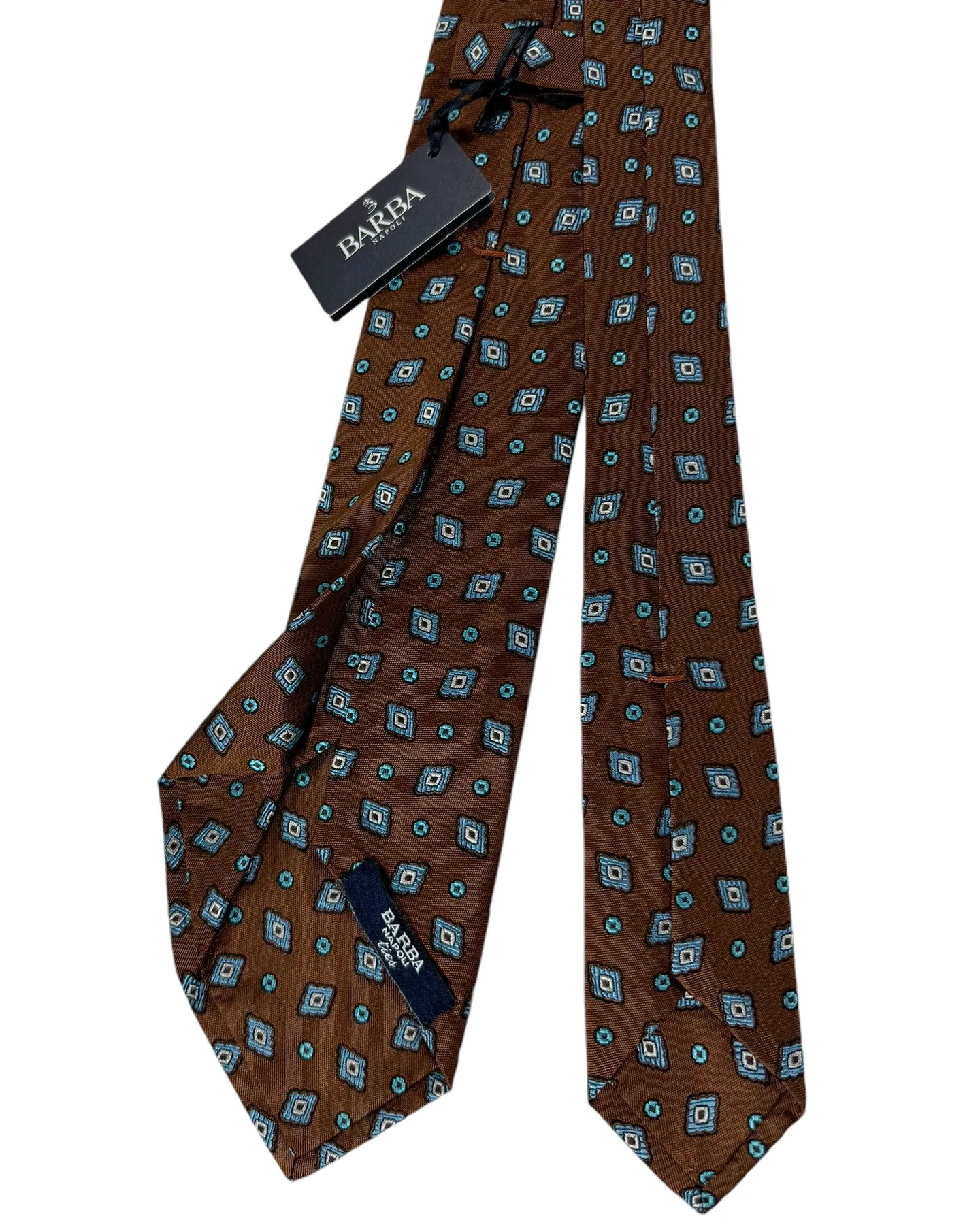 Barba Sevenfold Tie Brown Aqua Geometric Design - Sartorial Neckwear