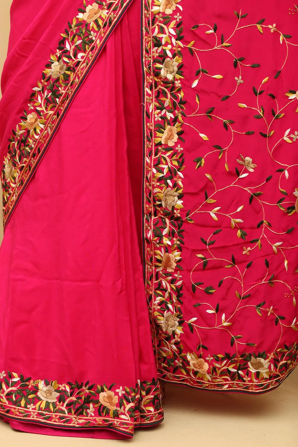 Beautiful Pink Hand Embroidered Parsi Gara Crepe Floral Design Saree