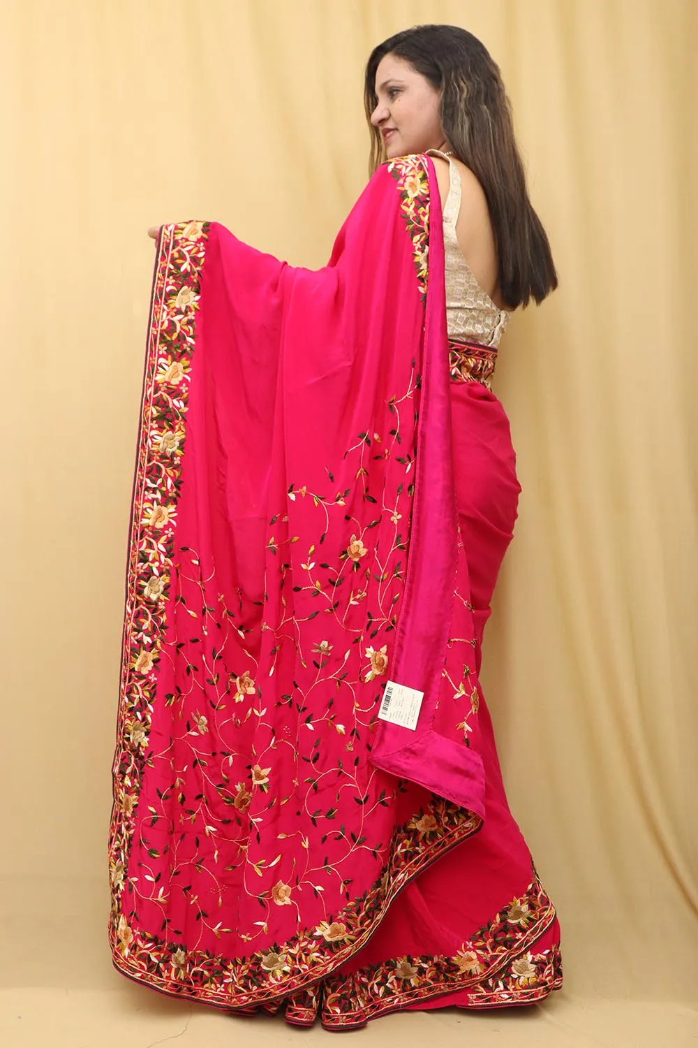 Beautiful Pink Hand Embroidered Parsi Gara Crepe Floral Design Saree